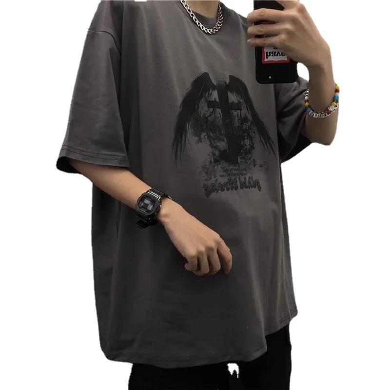 Men's t-shirts Retro Baggy Print O-neck Fashion Teen Streetwear Y2k t shirt College Simple Summer Oversized Short sleeve Tee Top