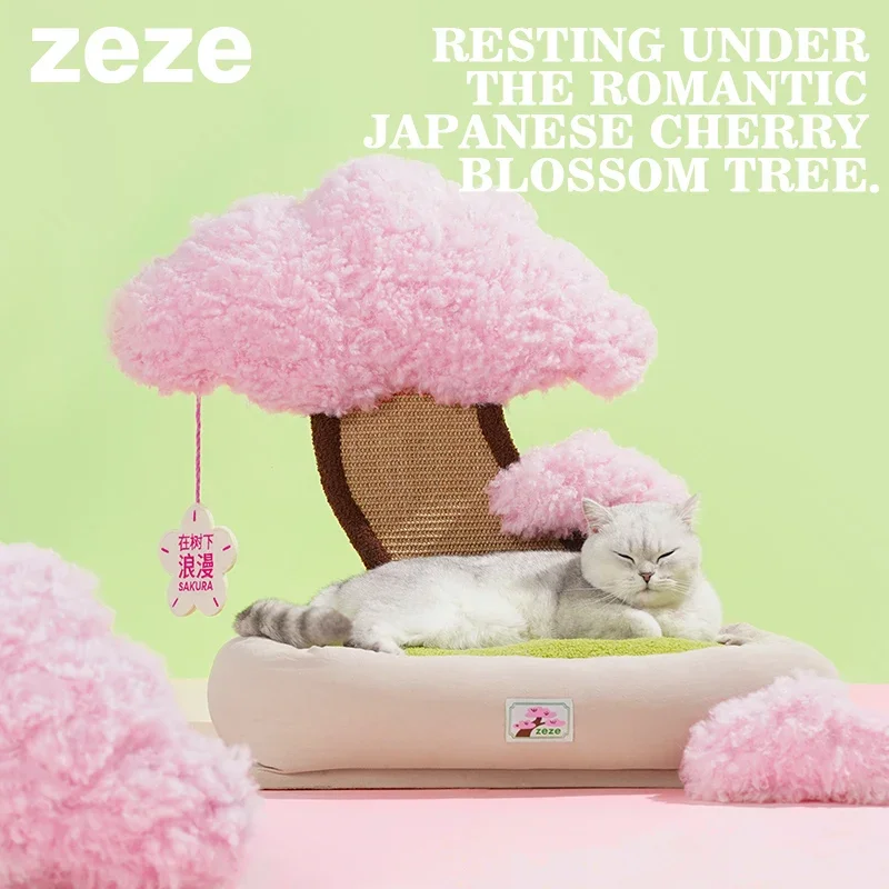 sakura  style design large Cat Bed With Scratching Post Minimalist Style Design Of Cat Tree With Cozy Pet Cat Cushion Bed pink