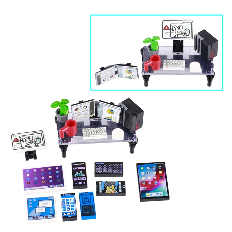 MOC Computer Desk Printed Tile Building Blocks City House Furniture Office Laptop Keyboards Phone Screen DIY Bricks Friends Toys