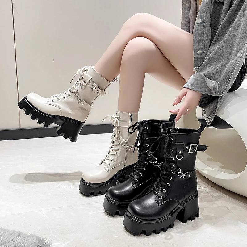 Brand New Gothic Style 8.5CM Platform Vampire Cosplay Women Mid-calf Boots 2023 Winter Wedges Comfy Women Motorcycle Boots Shoes