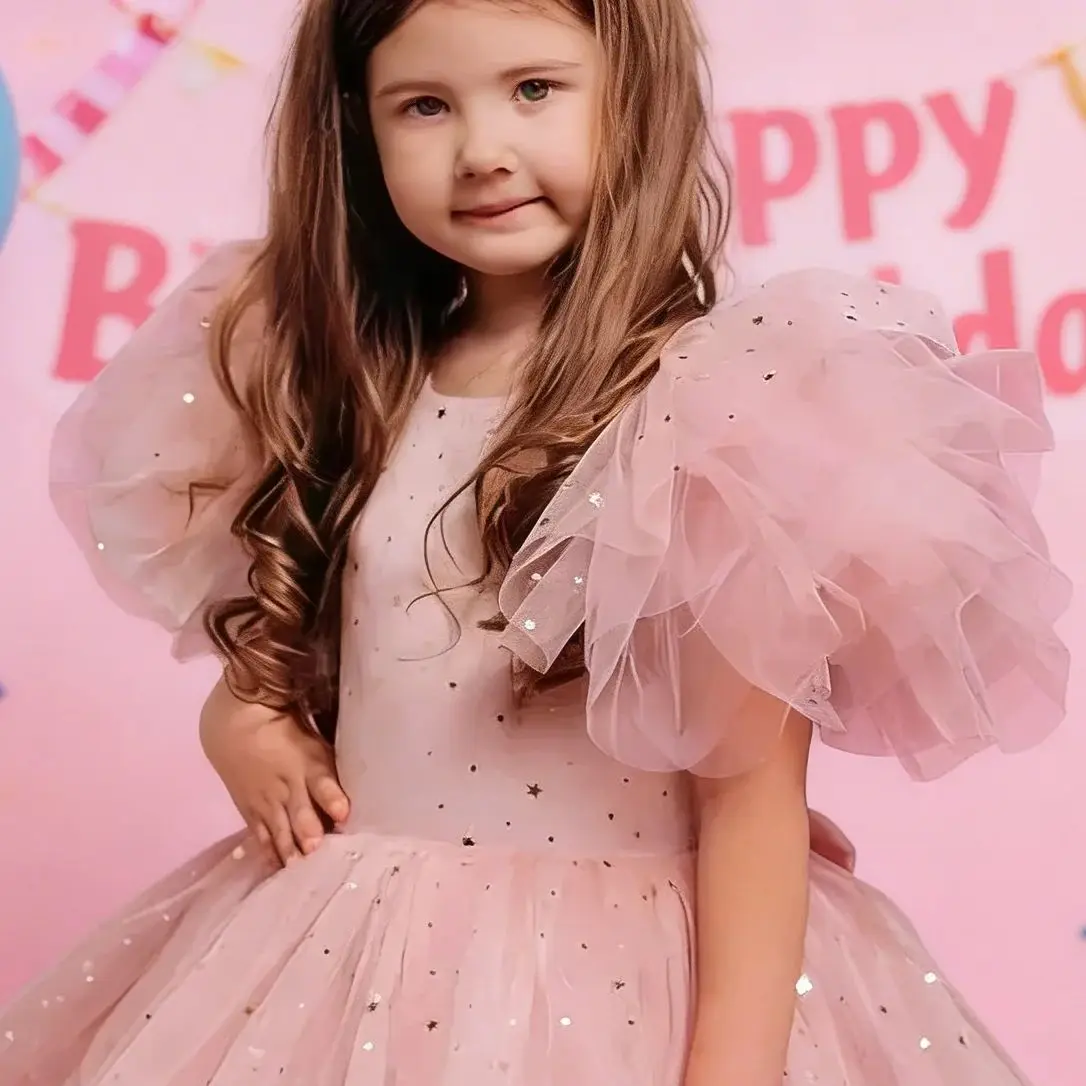 

Pink Flower Girl Dresses For Redding O Neck V Back Lace-up Princess Baby Girl Birthday Party First Communion Ball Gown