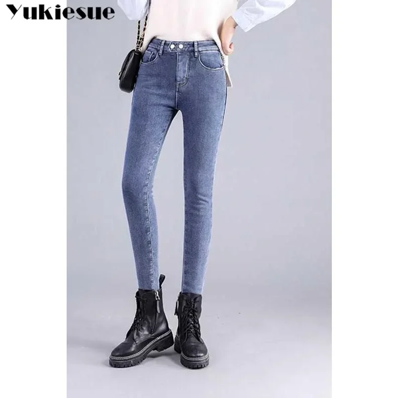 Thicken Slim Denim Pants Women's Skinny Pencil Vintage Leggings Trousers Streetwear High Waist Plush Lined Jeans 2025 Winter