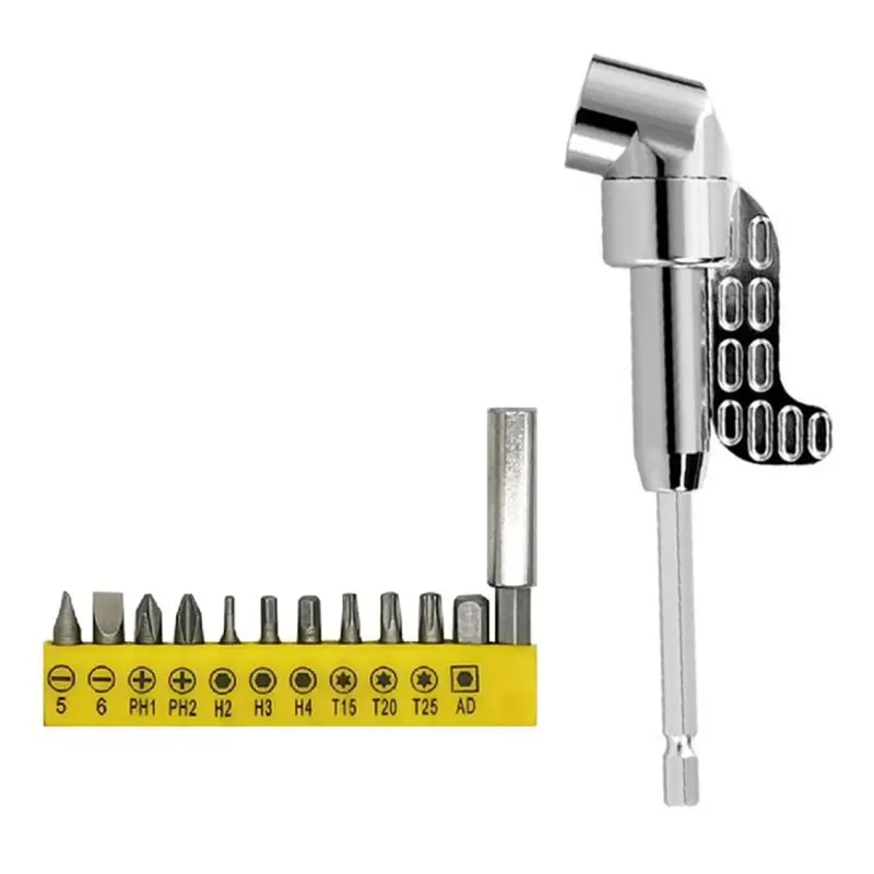 

ABUH-105 Degree Right Angle Drill Adapter And 12Pcs Bend Screwdriver Bit 1/4In Hex Shank Driver Angle Drill Attachment
