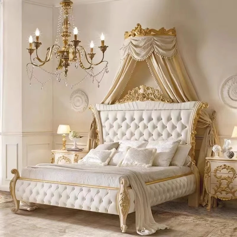 Royal Gold Leaf Smooth White Leather Chesterfield Bed European Girl Princess Bedroom Lace Ruffle Bed