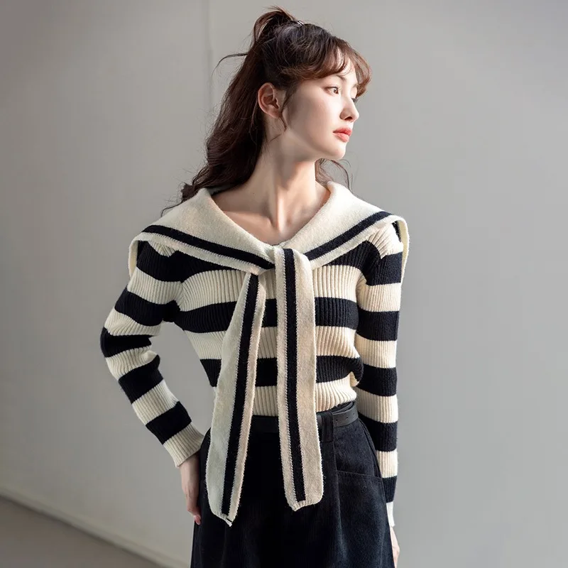 Women Striped Knitted Cardigan Office Lady Korean Fashion Long Sleeve Sailor Collar Basic Sweater Jumper Y2k Preppy Style Autumn