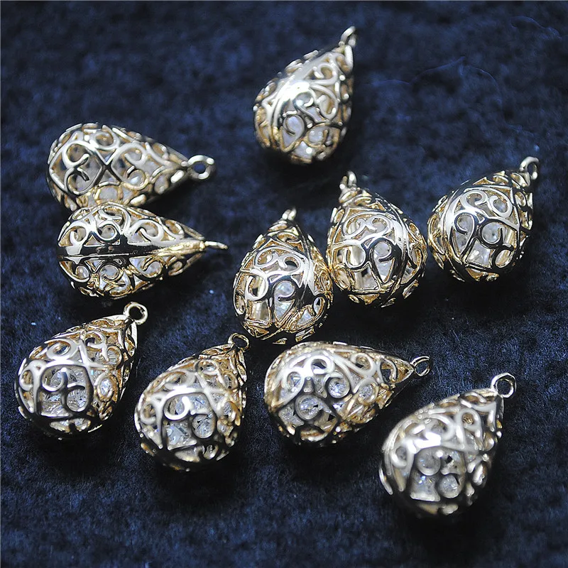 10PCS Women's Pendants Teardrops Shape 13X18MM Hollow Copper Ball Inside Zircon Material DIY Jewelry Accessories