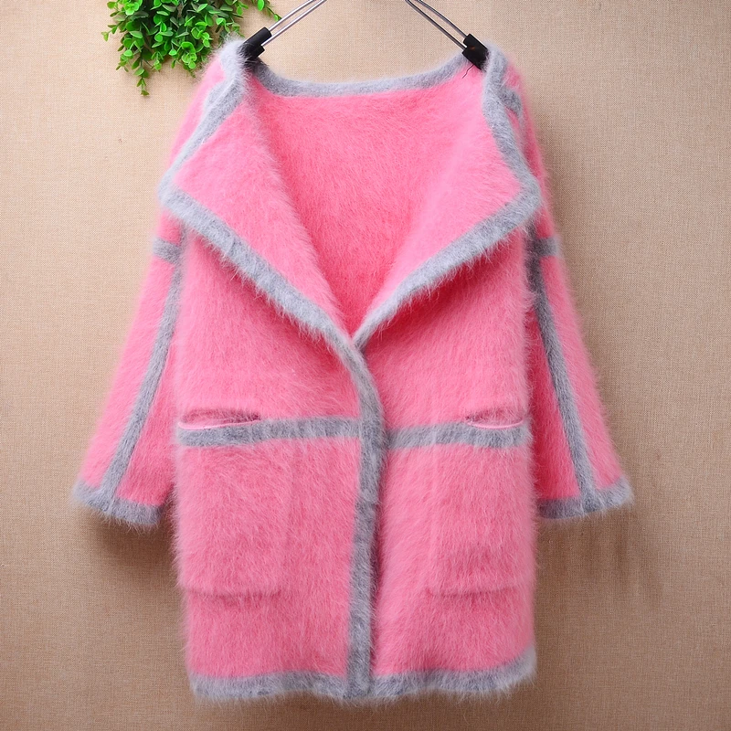 

Женская осенне-зимняя модная розовая волосатая норковая кашемировая вязаная модная свободная кардиганная куртка с ангорским мехом, куртка, пальто, топ