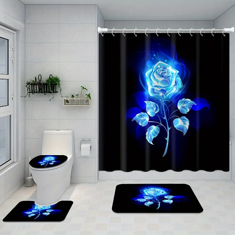 1/4pcs Rose Pattern Shower , Polyester Waterproof Curtain with 12 Hooks, Blue Siren, Black Background Floral Print D