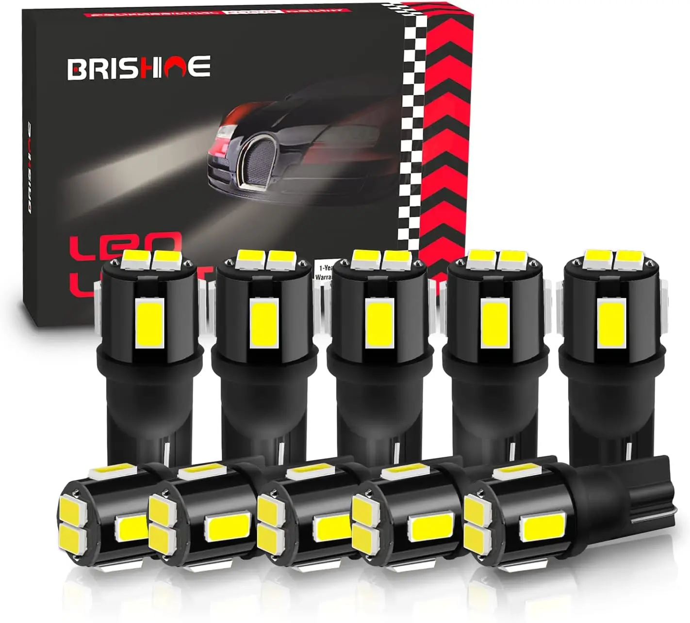 194 LED Bulbs 6000K Xenon White 5630 Chip T10 168 2825 W5W Car Interior Lights (Pack of 10)