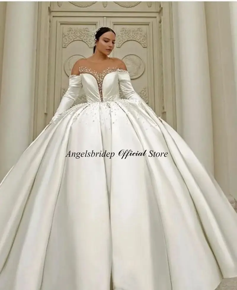 Angelsbridep Ball Gown Wedding Dresses Scoop Neck Bride Dress Long Sleeves Satin Vestidos De Novia Dubai African Robe De Mariée