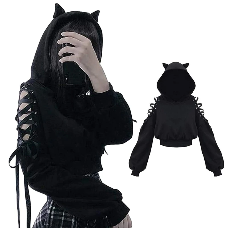 Womens Cute for Cat Ears Long Sleeve Hoodies Hollow Out Cold Shoulder Lace-Up Loose Crop Top Harajuku Graphic  Drawstring