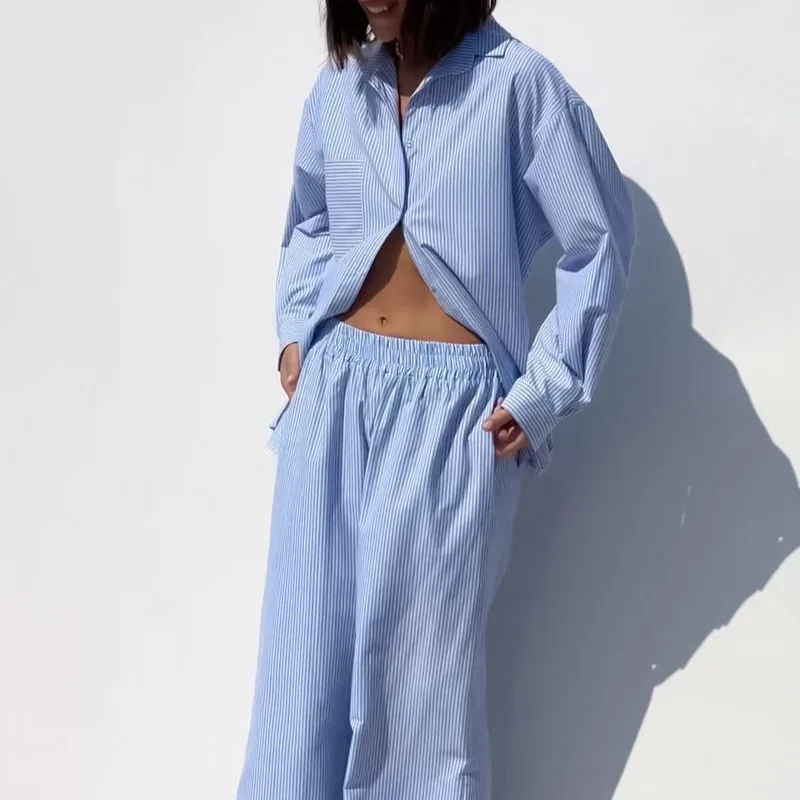 

Casual Striped Long Sve Hoodie irt And Pants Set Loose Fit Two Piece Women's Faion Outfit Cotton Summer Collection