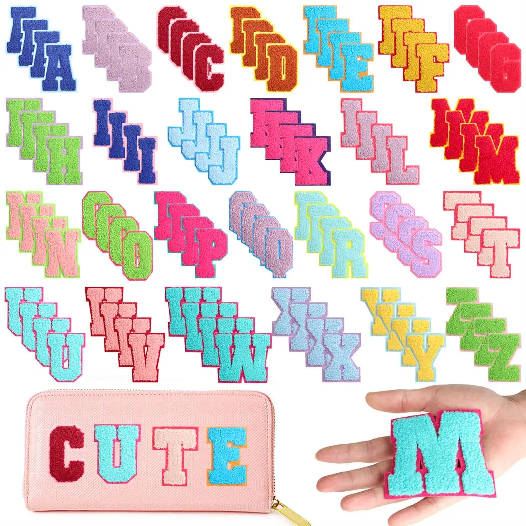 104Pcs Chenille Letter Patches Colorful Iron On Letter Patches DIY Self Adhesive Embroidered Sew On Patches For Clothing Bags