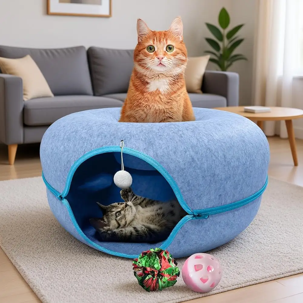 

Cat Tunnel Bed for Indoor Cats Large, 24 Peekaboo Cat Cave Donut Bed for Pets up to 45lbs, 2-in-1 Round Tube with Hanging Ball T