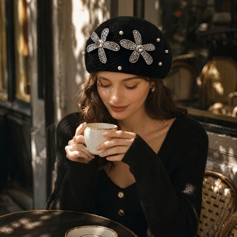 French-Style Three-Dimensional Rhinestone Double Flower Beret for Women, Autumn/Winter Thickened Soft Mesh Painter's Hat