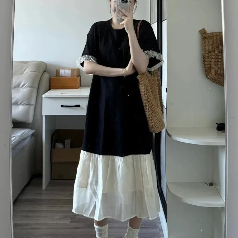 الصيف رقيقة سوداء قصيرة الأكمام تي شيرت اللباس لصق تنورة طويلة للنساء طبطب جولة الرقبة الكاحل طول ثوب مسائي #3