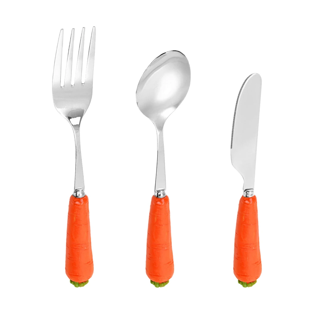 

3pcs Children S Cutlery Set Stainless Steel Spoon Fork Anti Rust Reusable Cartoon Carrot Design Easter Festive Baby