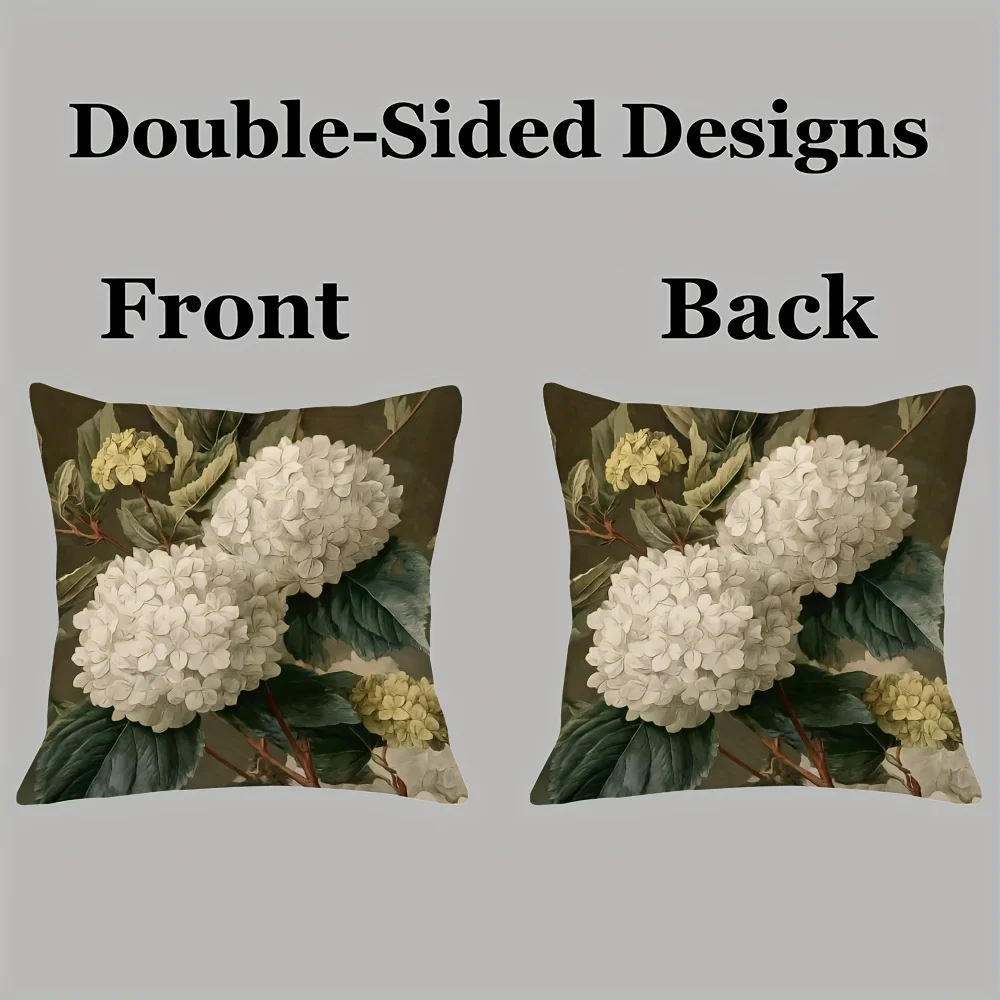 Double Sided White Hydrangeas Vintage Botanical Design Soft Throw Pillow Cover for Bed Sofa and Lounge Chair Home Decoration