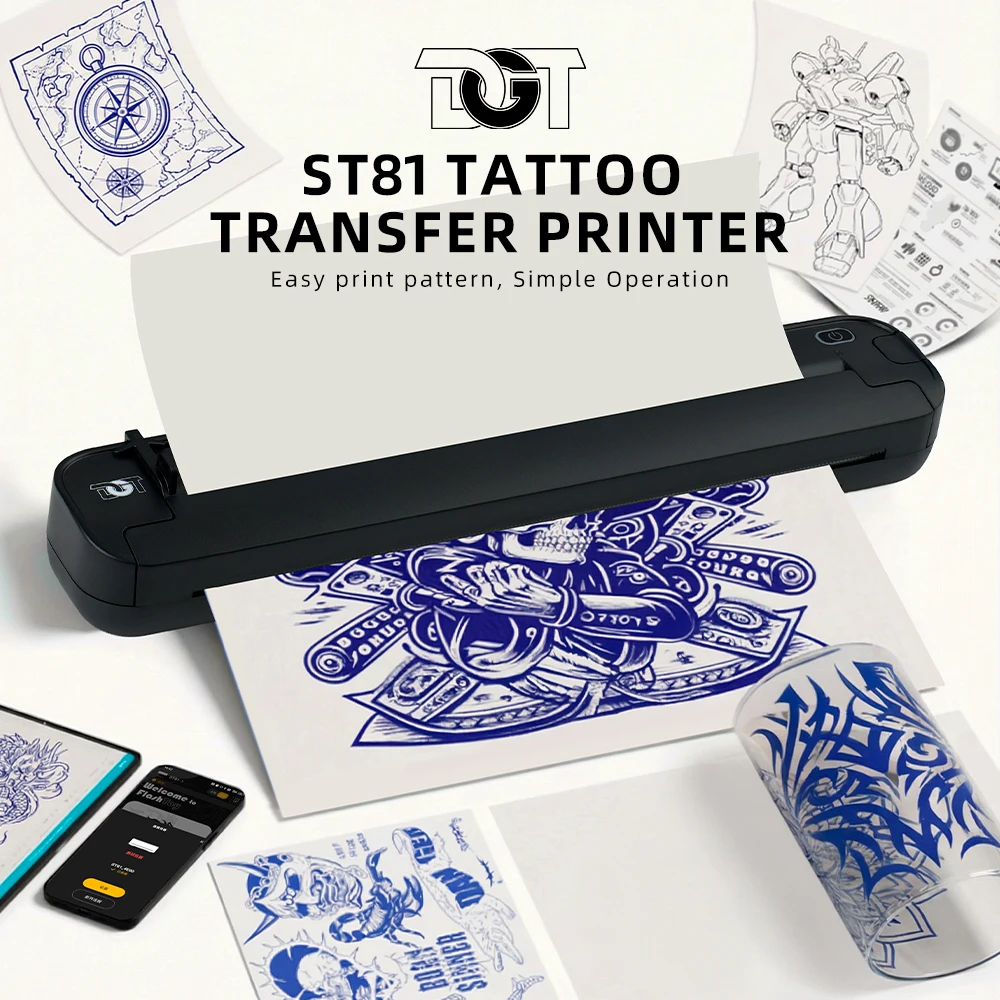 Wireless Portable Thermal Printer Small Tattoo Printers Bluetooth A4 Support Compatible with Phone &PC for Tattoo Design Printer