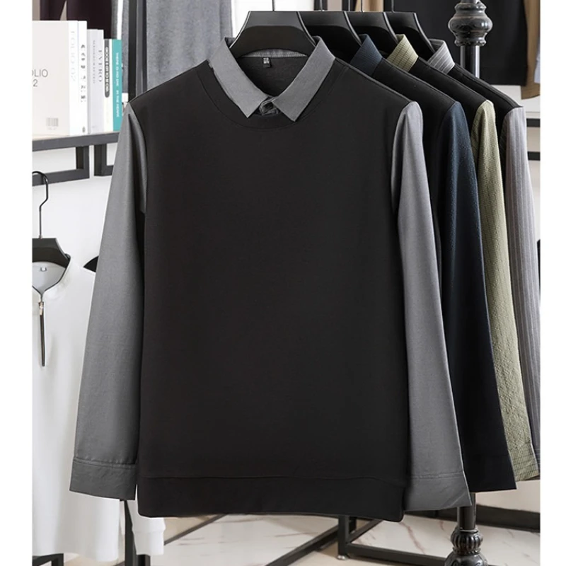 

2025 Spring and Autumn Men's Round Neck Striped Fake Two Piece Shirt