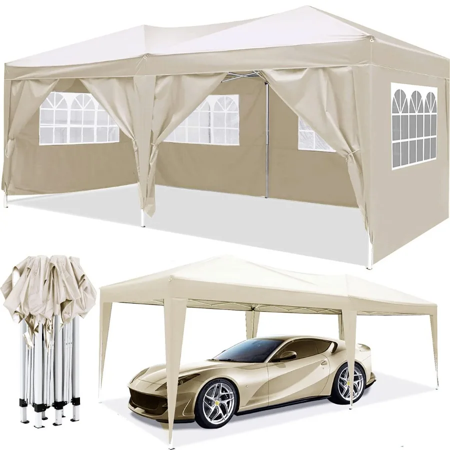 Outdoor party tent, 10'x20' EZ pop-up canopy with 6 removable sidewalls, durable polyester fabric, black frame, portable foldin