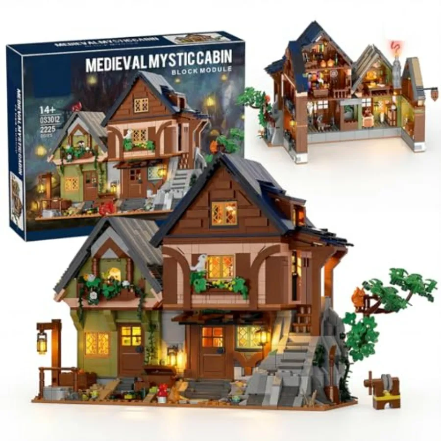 

Medieval Wood Cabin Town Center Building Set for Adults Modular Architecture Viking Village Town Square Building Block with LED