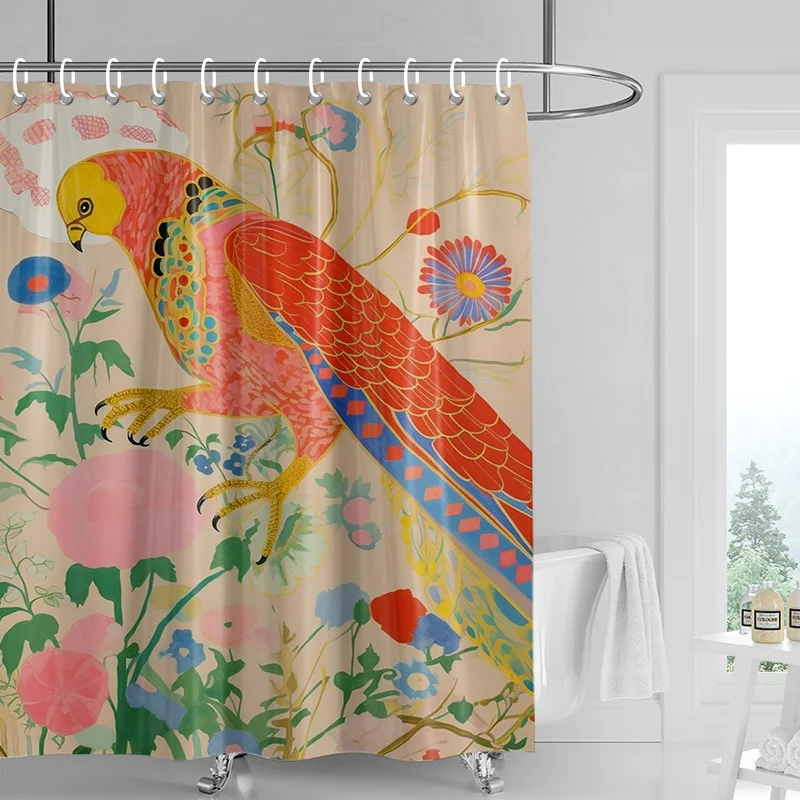 Colorful Parrot and Floral Shower Curtain with Tropical Art Design for Nature-Inspired Bathroom Decor