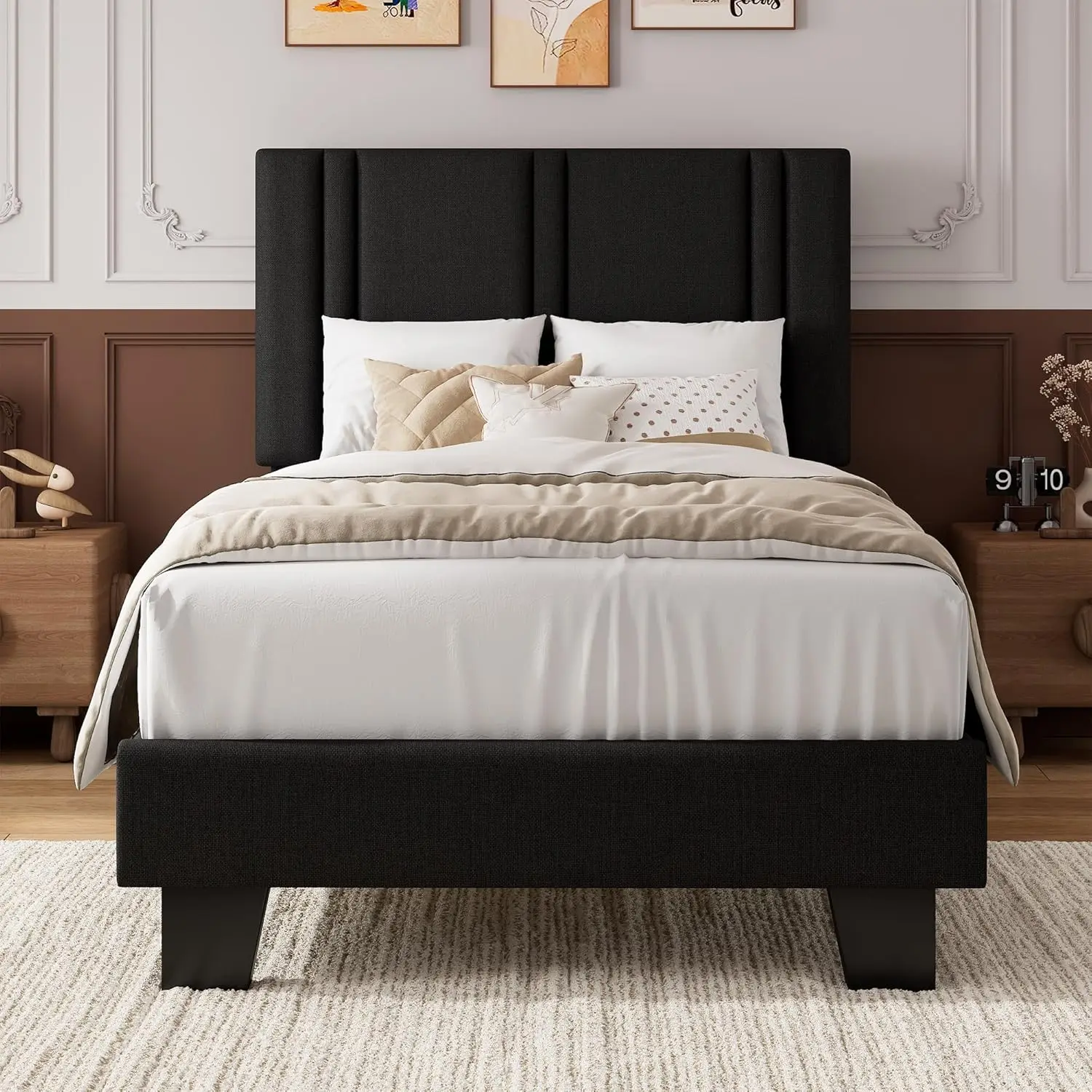 

Twin Platform Bed Frame with Fabric Upholstered Headboard & Thickened Legs, Mattress Foundation with Solid Wooden Slats Support,