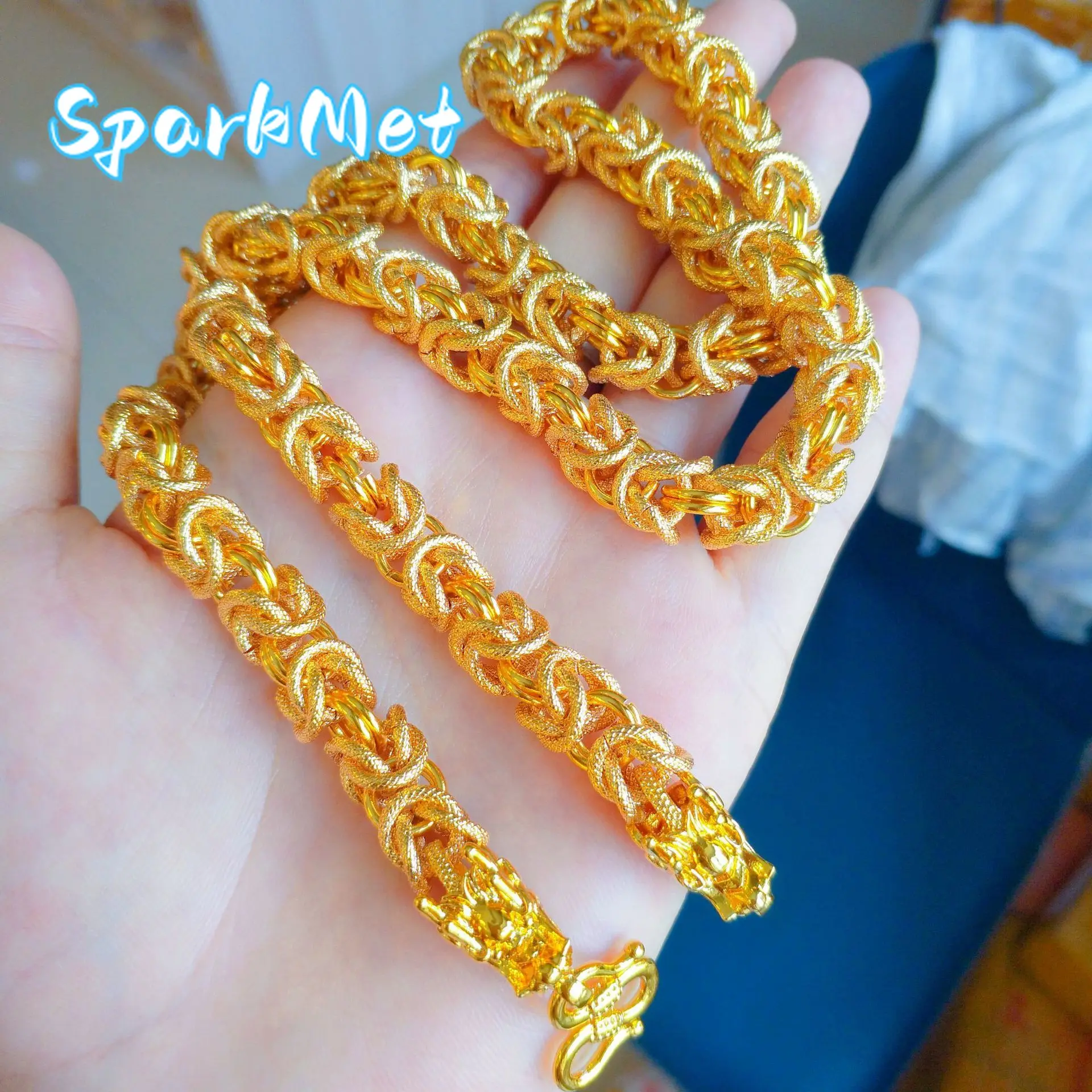 

Sparkmet Men's 24K Gold (AU999) Dragon Head & Bone Necklace | Solid gold 3D dragon head, chiseled spine in matte finish