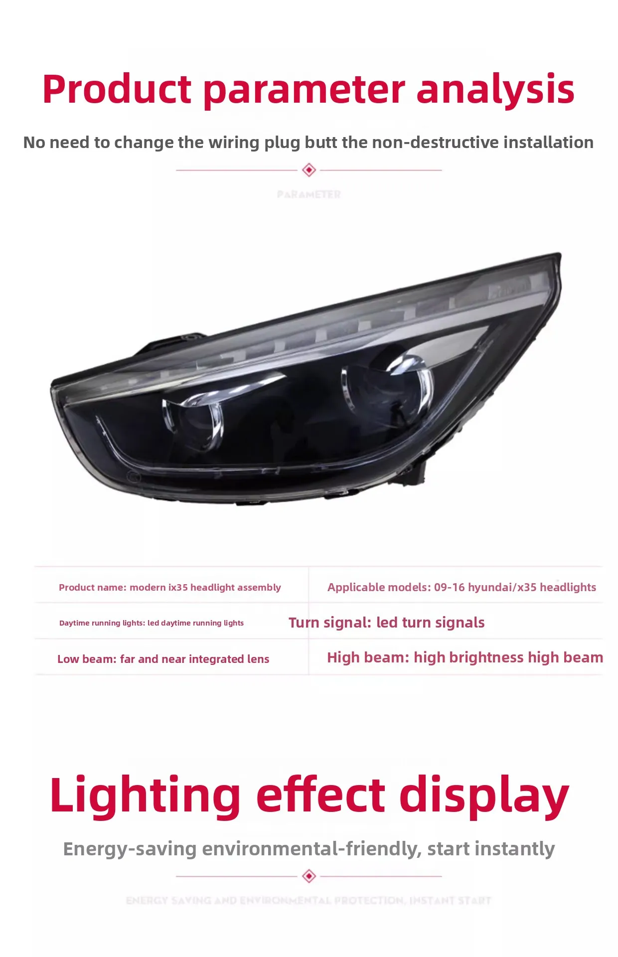 

2 шт. подходит для 09-15 современных фар IX35 в сборе, модифицированные светодиодные дневные ходовые огни, указатель поворота, ксеноновая лампа с двойной линзой