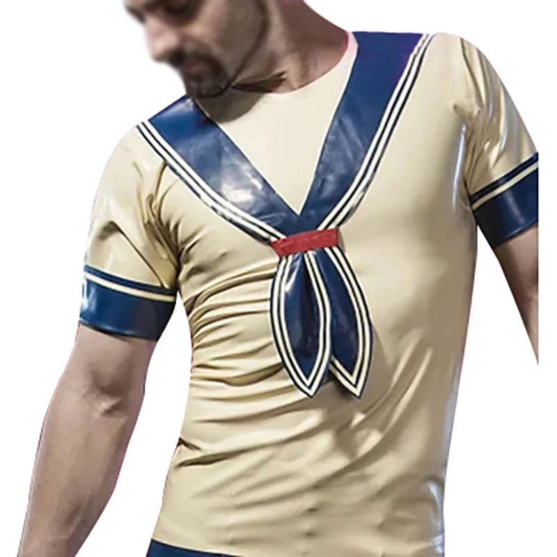 

Sexy Sailor Collar Latex Uniform Rubber T Shirt Tops Blue and White Red for Men