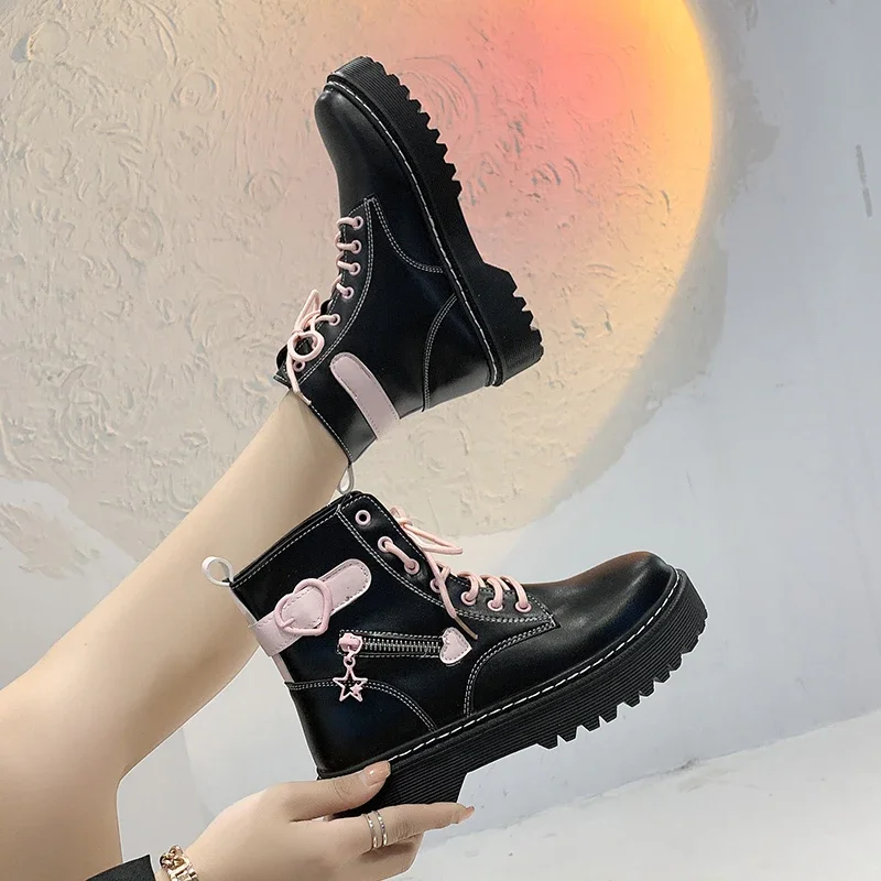 2023 Sweetheart Ankle Boots Lace-up Combat Boots 4Cm Chunky Heel Platform Boots British Style Thick Sole Increase Height Boots