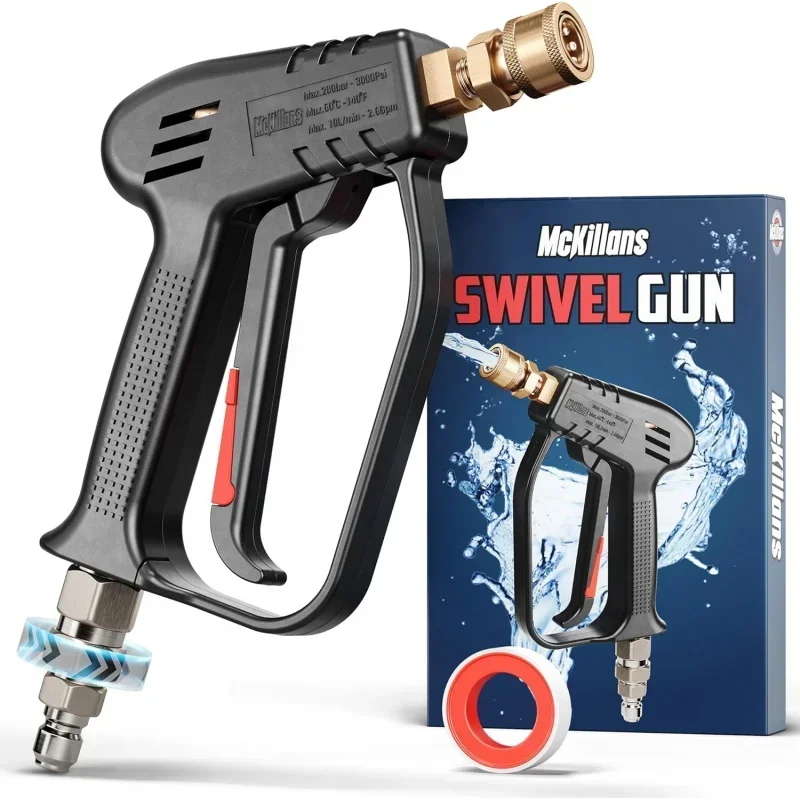 Short Pressure Washer Gun with Swivel - High Pressure Handle with 3/8 Male Plug and 1/4” Quick Connector Coupler - Power