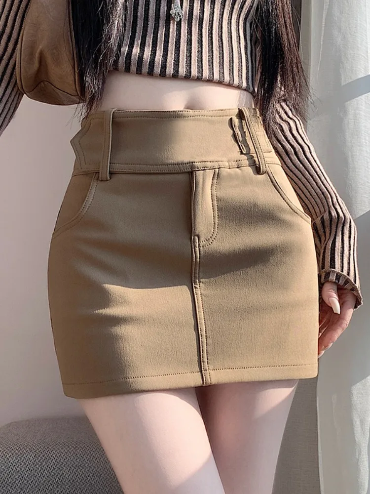 

Khaki High Waist A-Line Skirt Women's Autumn Winter Retro Beau Ray American Hot Girl ort Skirts Commute Sle