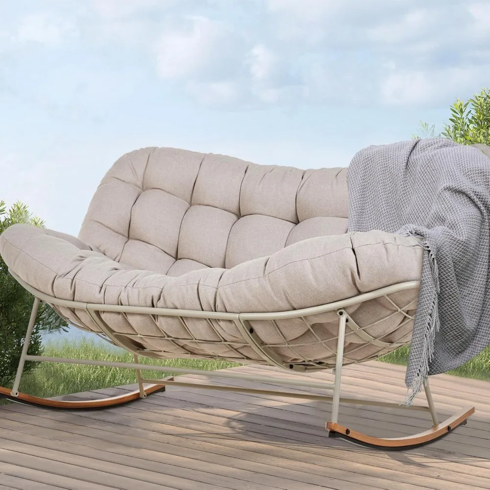 

Rocking Chair Outdoor, Oversized Rocking Chair for 2 with E-Coated Steel Frame and Thick Cushion, Comfy Papasan Loveseat Rocker