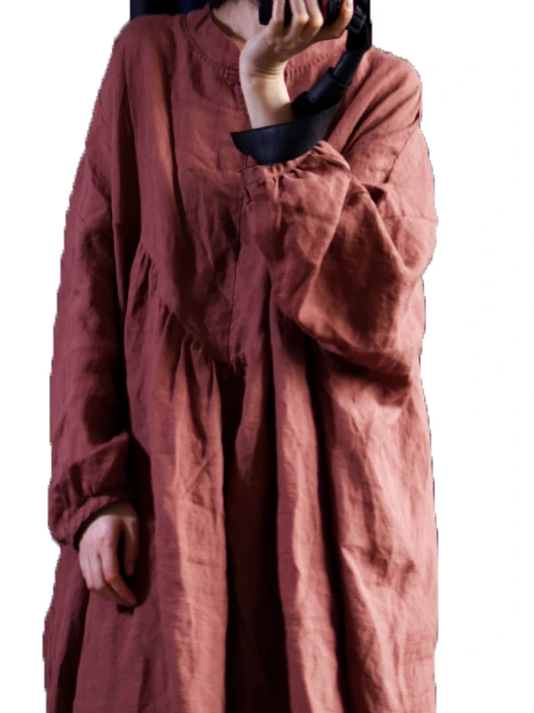 Retro Reine Farbe Taste Lose Gestickte Lange Sve Dr Frühling Herbst frauen Kleidung Pendeln Sle Casual Lange Dr