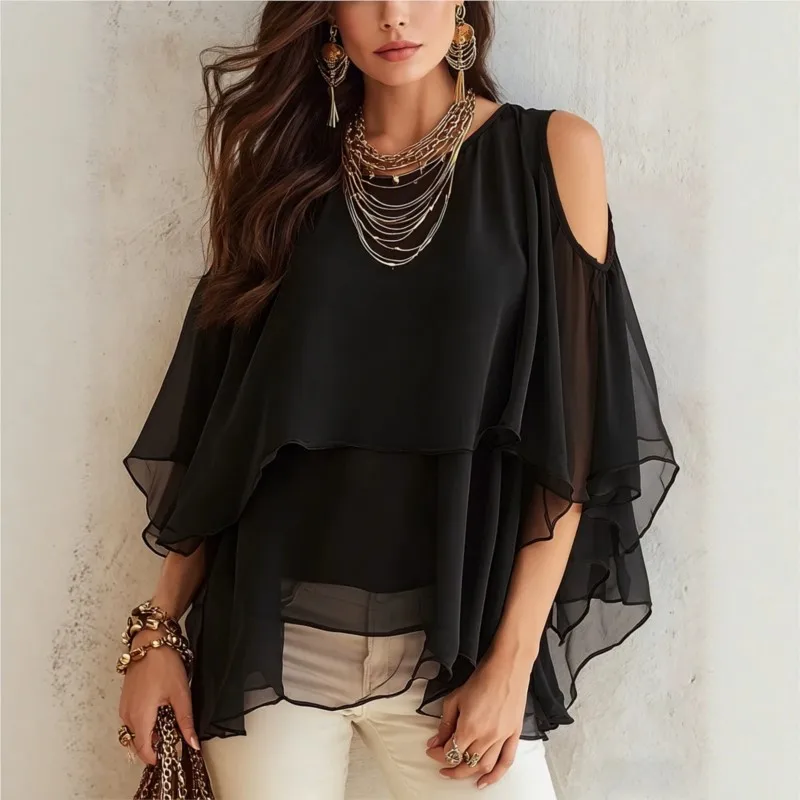 Summer Women's Top Cold Shoulder Chiffon Blouse Layered Ruffle Flowy Batwing Sleeve Loose Casual Top Elegant Vacation Blouse