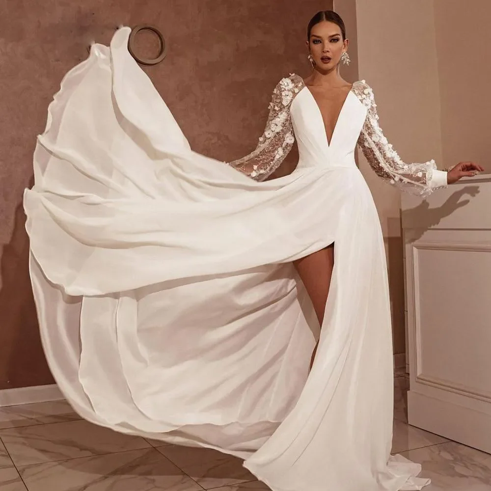 Robe de Mariée Trapèze Élégante en Dentelle 3D pour Femme, Manches Bouffantes, Col en V, Dos aux, Sexy, Fente Latérale, Patients, Plage, Jardin, Nouvelle Collection 2024