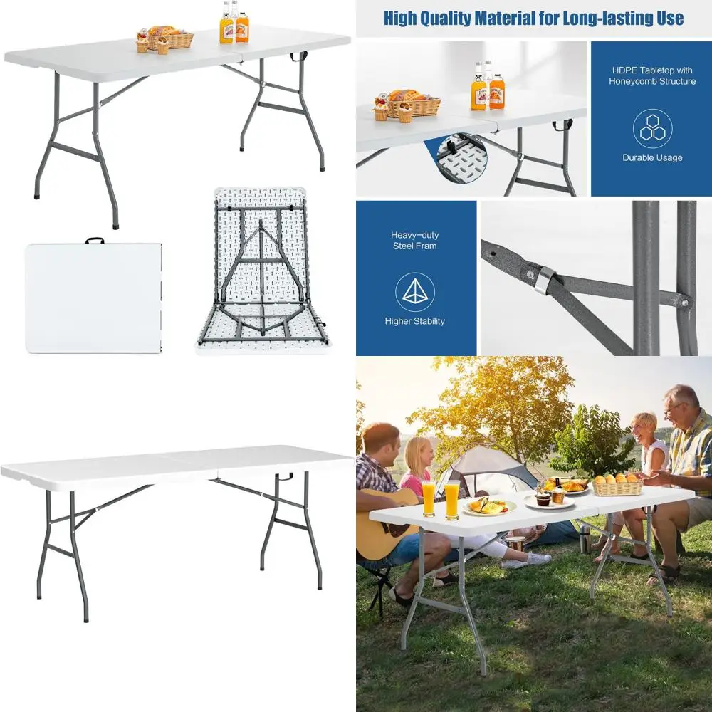 

Портативный складной пластиковый стол, сверхпрочный, для использования на улице и в помещении, с ручкой, идеально подходит для вечеринок, обедов, кемпинга, пляжа, белый