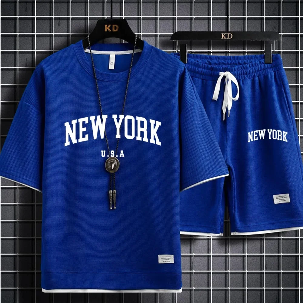 NEW YORK Letter U.S.A Shorts Set Gym Outfit Student Short Sleeve T-shirt 2 Piece Set Tracksuits Men Casual Men Clothing Joggers