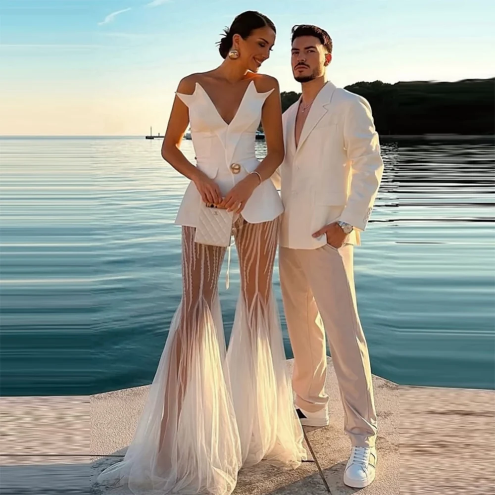 

Amazing White Suits For Wedding Satin Strapless Top And Lace See Through Trumpet Pants Evening Gowns Prom Party Dress