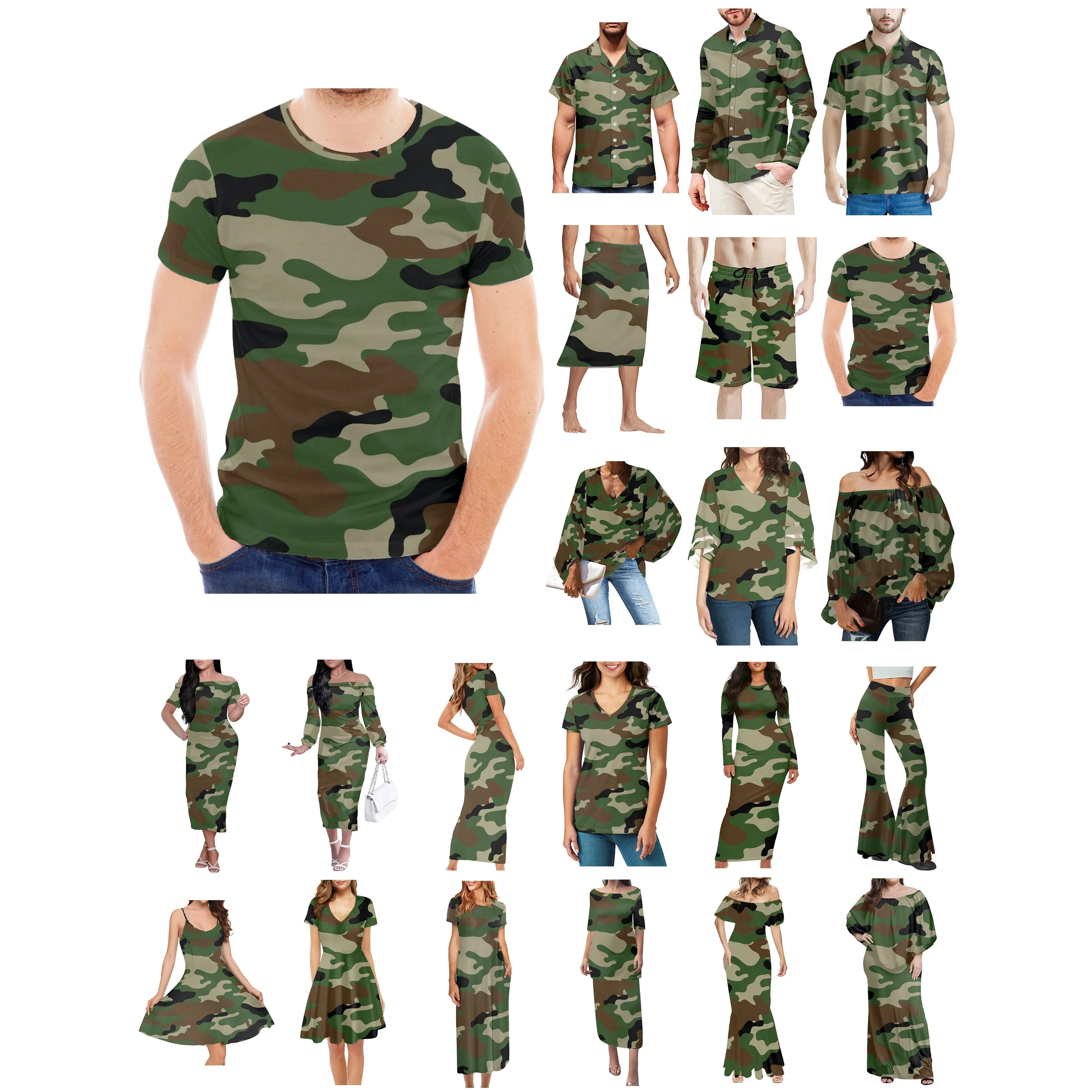 Green Camo Camouflage Prints Clothes Women Dress Matching Men Shirt Black Spouse Lover Wear Couples Dress Outdoors Activities