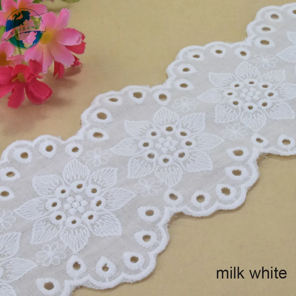 10.5cm Wide Embroidery White Lace Cotton Fabric Sewing Ribbon Trim Wedding Dress DIY Dolls Colthes Curtain Accessories #4301