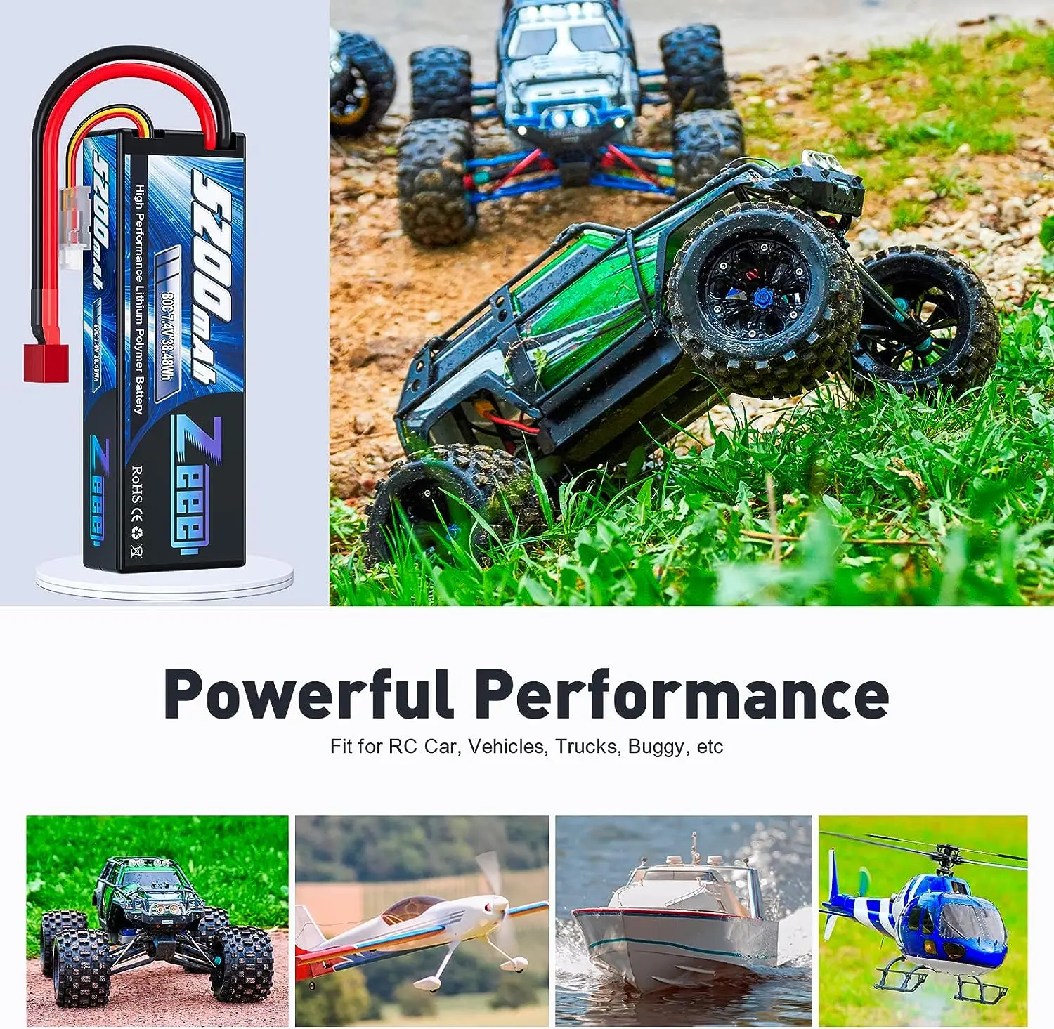 Zeee 2S LiPo แบตเตอรี่ 7.4V 80C 5200mAh Hardcase T Plug สําหรับ 1/8 1/10 RC รถรถบรรทุกถัง RC Buggy Truggy RC เครื่องบิน Racing อะไหล่