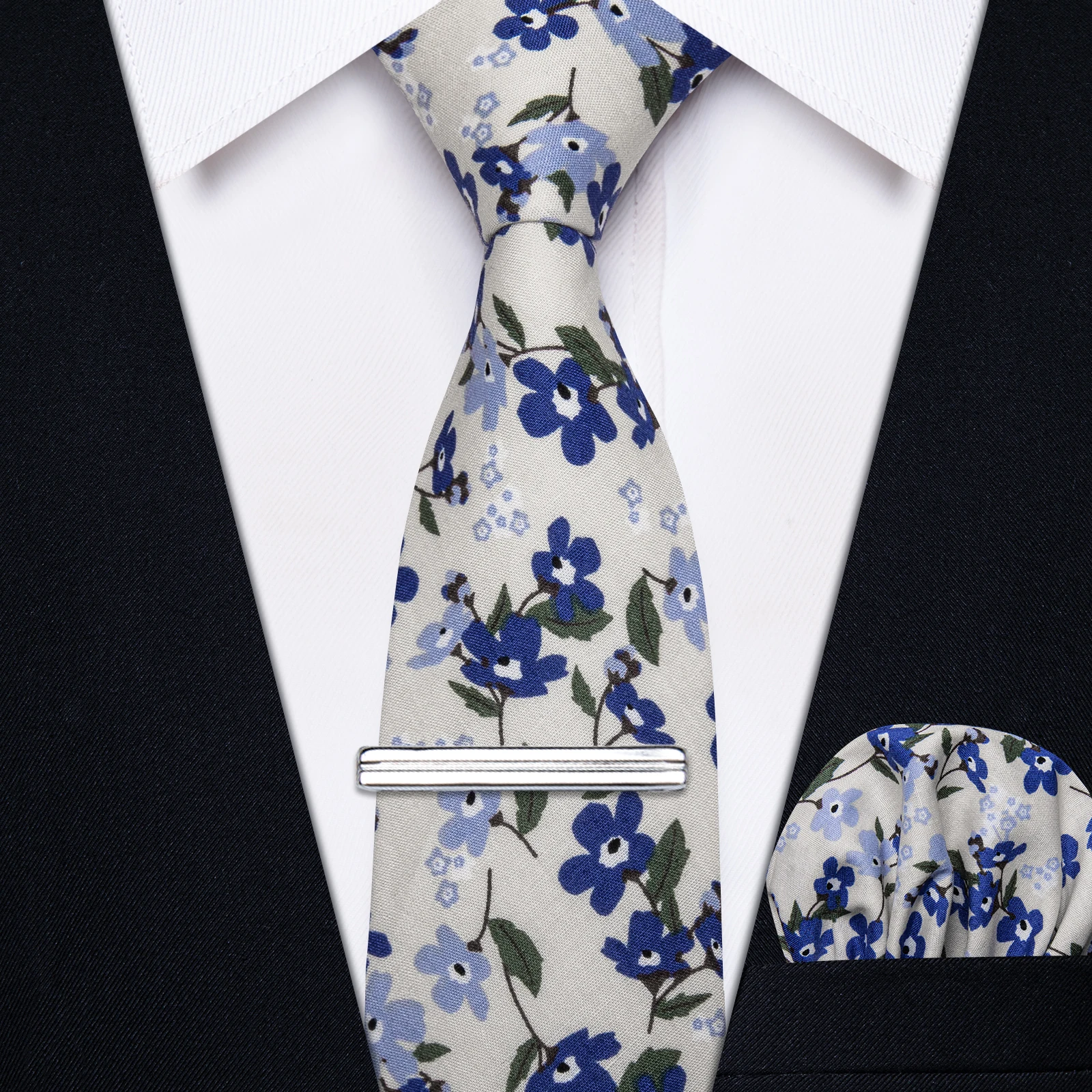 

Yourties Men's Cotton Champagne Necktie with Clip Pocket Square Set for Wedding Business Causal Blue Floral Print Tie for Man