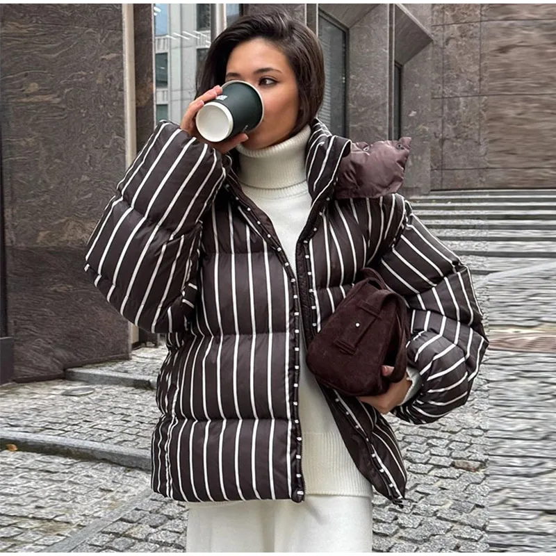 2026 Winter Autumn Stripe Cotton Padded Jacket For Women Warm Long Sleeve Zipper Hooded Coats Lady Street Chic Outdoor Outerwear