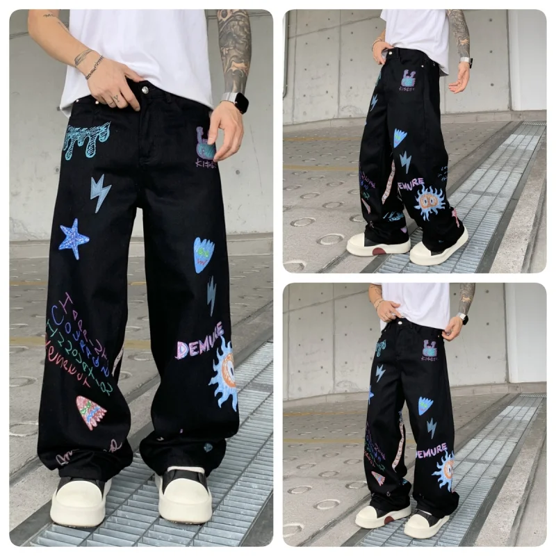 

14008 High Street Trend Jeans Men Printed Patch Leather Loose Tide Wide Leg Hip Hop