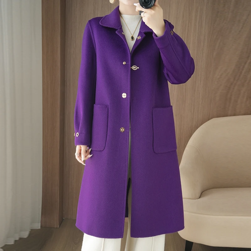 Manteau Long en laine Pure 100% pour femme, ample, Double face, décontracté, grande poche, couleur unie, vêtements pour femmes, automne et hiver