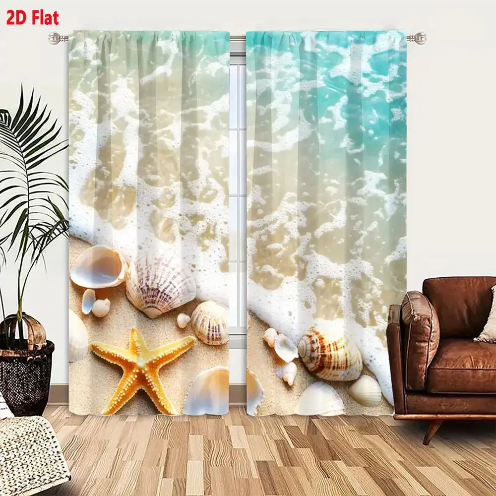 2Pcs Curtains 2D Flat Beach Scene With Turquoise Ocean Waves Sandy Shore Seashells And Starfish Window Drapes for Bedroom Room D