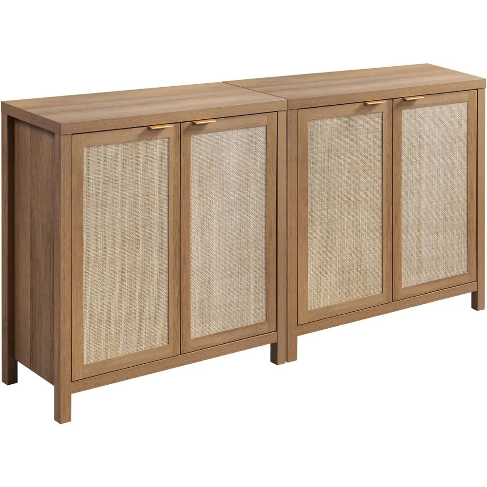 Rattan Sideboard Buffet Credenza Cabinet - 2 Pieces Large Farmhouse Kitchen Coffee Bar Cabinet with Rattan Storage